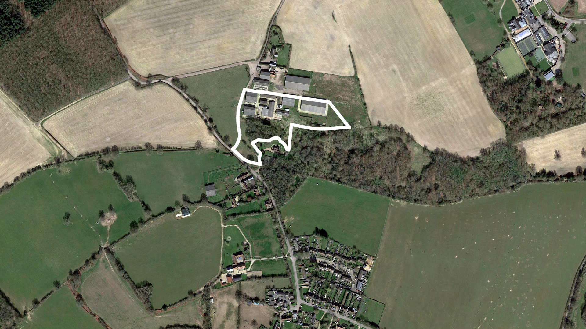 Agricultural buildings for sale at Ballingdon Farm aerial image